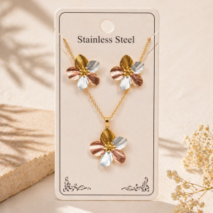 Anti Tarnish 3-tone combo set with 1 pair of earring and Necklace 10 (9368)